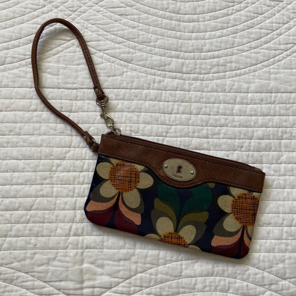 Fossil Crossbody Bag and Wristlet Coated Canvas Leather Trim Yellow Tan Brown - Picture 15 of 17